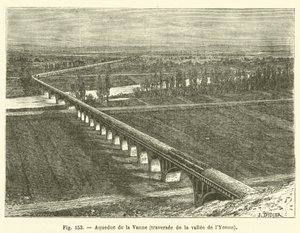 Vanne akvadukt, překračující údolí Yonne (rytina) od French School