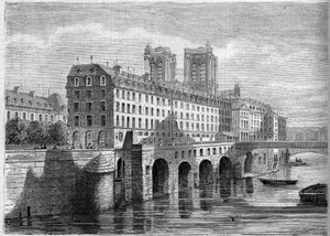 Architektura: vnější pohled na Hotel Dieu na Ile de la Cite v Paříži, před jeho demolicí. Pohled pořízený z Quai de la Tournelle v roce 1859. Rytina v „“ Le Monde Illustré““ č. 136 z 19. listopadu 1859. od French School
