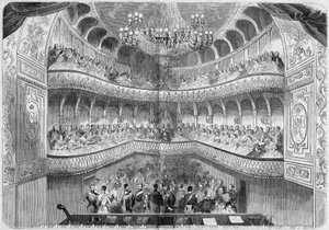 Architektura: vnitřní pohled na divadlo (18. století) paláce Fontainebleau. Rytina v „“ Le Monde Illustré““ č. 61 z 12. června 1858. od French School