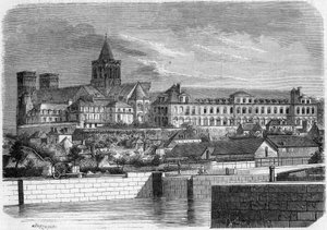 Architektura: pohled na Abbey aux Dames (kolem 1060) a kostel Nejsvětější Trojice (románský styl). Caen, Calvados (14) od French School