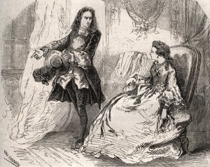 Armande Bejart (1641-1700), manželka Jean Baptiste Poquelin dit Moliere (1622-1673) se svým milencem, hrabětem z Guiche, rytina z roku 1871 v „Histoire Des Cocus Celebres““ od Henryho de Kocka (1819-1892). od French School