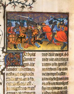 Armee bojovník. Miniatura převzata z rukopisu Francesca Petrarcy nebo Petrarcy (1304-1374) italského erudovaného básníka a humanisty, De Viris Illustribus,, 23rv. Univerzitní knihovna ve Valencii. od French School