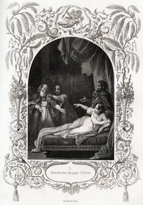 Zatčení papeže Silvere (Silverio) (papež v letech 536 až 537). Rytina k ilustraci Histoire des Popes od Maurice Lachatre (1814-1900), Librairie du Progres, Paříž. od French School
