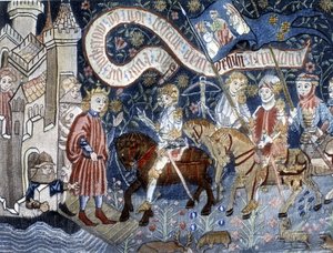 Příjezd Johanky z Arku na hrad Chinon 6. března 1428. Tapisérie z 15. století. Muzeum Jeanne d