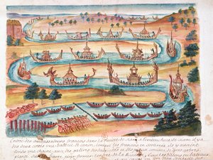 Příjezd francouzských velvyslanců do Siamu, z popisu jezuitů v Siamu, 1688 (wc na papíře) od French School