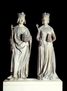 Umění Francie: Sochy francouzského krále Karla V. známého jako Karel Moudrý (1338-1380) a francouzské královny Jeanne de Bourbon (1337-1378). Socha ve vápenci ze 14. století. Pravděpodobně z fasády východního vchodu do Louvru (dekor od French School