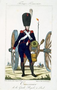 Dělostřelec královské gardy s dělem, z Troupes Francaises, hospoda. chez Basset, Paříž, kolem roku 1790 od French School