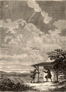 Umělecká imprese zkoumání elektrické povahy blesku Benjaminem Franklinem, z knihy "Les Merveilles de a Science", Louis Figuier, asi 1870 (rytina) od French School