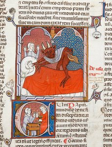 Arundel 484 f.245 Ďábel nebo démon na lůžku mrtvé osoby, ilustrace z Digestum Vetus s leskem ordinaria, od Justiniana, kolem 1300-10 (vellum) od French School