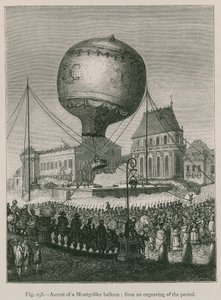 Výstup na balón Montgolfier; z dobových rytin od French School