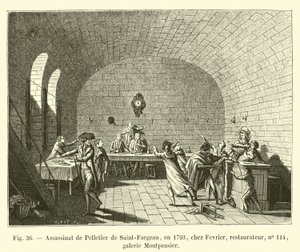 Atentát na Pelletier de Saint-Fargeau, v roce 1793, ve Fevrier, restaurátor, č. 114, galerie Montpensier od French School