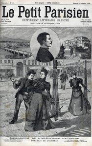 Atentát na Impressu Alžbětu Rakouskou (Sissi) italským anarchistou Luccheni v Ženevě v roce 1898. Obálka „“Le petit Parisien““ z roku 1898 – Zavraždění císařovny Alžběty Rakouské (Sissi) italským anarchistou Luigi Lucheni, v Ženevě od French School