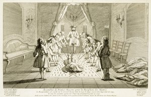 Shromáždění svobodných zednářů k zasvěcení mistra, z knihy Obřady náboženství a zvyků, cca 1733. od French School