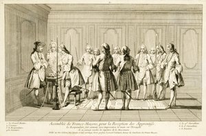 Shromáždění svobodných zednářů k zasvěcení učně, z Obřadů náboženství a zvyků, kolem roku 1733 od French School