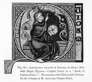 Astronom obviněný z čarodějnictví, držící disk s magickými figurami, z Knihy právní vědy, ilustrace z vědy a literatury ve středověku a renesanci, psané a ryté od French School
