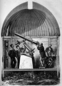 Astronomie: Francouzská astronomická luneta převezená do Jokohamy (Japonsko) k pozorování planety Venuše procházející kolem Slunce. Rytina v „“ Le Monde Illustré““ č. 904 z 8. srpna 1874. od French School