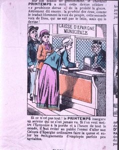 Na přepážce městské spořitelny vizitka s reklamou na obchodní dům „Le Printemps“, 2. polovina 19. století (barevná rytina) od French School