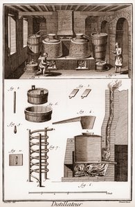 Dílna palírny eau de vie – palírna brandy – „“ La Grande Encyclopédie, ou Dictionnaire Raisonne des Sciences, des Arts et des Metiers“ (Encyklopedie nebo slovník věd, umění a povolání) od Denise Diderota (1713-1784) a John od French School