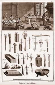 Dílna pozlacovače o kovech – „“Velká encyklopedie, aneb Dictionnaire Raisonne des Sciences, des Arts et des Metiers“ (Encyklopedie neboli Slovník věd, umění a povolání) od Denise Diderota (1713-1784) a Jean d