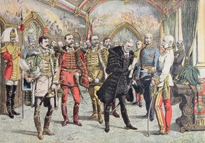 Rakousko-uherská krize - přijetí uherských magnátů císařem Františkem Josefem, ilustrace z Le Petit Journal, 15. října 1905 od French School