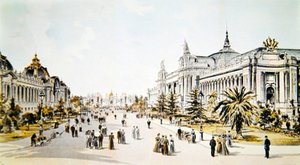 Avenue Nicholas II zobrazující Grand Palais a Petit Palais během výstavy Universelle v Paříži, ilustrace z 