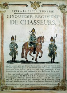 Avis à la Belle Jeunesse, náborový plakát pro 5. pluk myslivců 18. století. Paříž, Musee de l