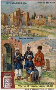 Brána Bala-Hissar v Afghánistánu a vojáci afghánské armády na přechodu Khaiber. Reklamní chromolitografie 19. století. od French School