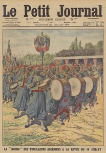 Kapela alžírských tirailleurs pochodující na vojenské přehlídce ke Dni Bastily v Paříži (barva litho) od French School