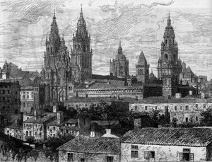 Barokní umění: pohled na katedrálu Santiago de Compostela (Santiago de Compostela). Španělsko. Rytina v „“ Le Monde Illustré““ č. 1220 ze 14. srpna 1880. od French School