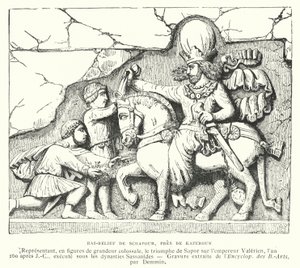 Basreliéf poblíž Kazerunu, Írán, zobrazující vítězství sásánovského krále Šapura I. nad římským císařem Valerianem v bitvě u Edessy, 260 (rytina) od French School