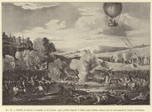Bitva u Fleurus, 8. Messidor Rok II (26. června 1794), během níž zajatý vojenský balón sleduje všechny pohyby rakouské armády (rytina) od French School