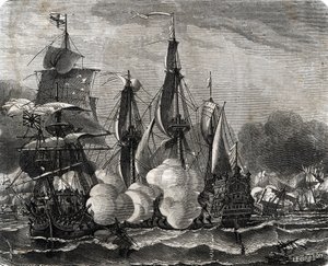 „Námořní střetnutí v bitvě u Bantry Bay se odehrálo 11. května 1689, týden před vyhlášením devítileté války (bitva u námořního střetnutí v Bantry Bay se odehrálo 11. května 1689, týden před vyhlášením devítileté války) Rytina z Lahure „Po od French School