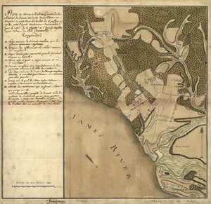 Bitva u Green Spring, Mapa země na levém břehu řeky James naproti Jamestownu ve Virginii, kde se odehrála bitva 6. července od French School