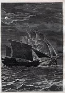 Bitva o vlaštovku a malajský paro: Vlaštovka Philipa Cartereta nebo Philippe de Carteret (1733-1796) bojovala s malajskou pirátskou lodí v indonéských vodách v roce 1767 - ilustrace z „Velkých námořníků 18. století““ od French School