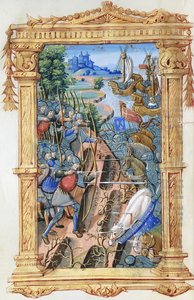 Bitevní scéna mezi lučištníky a kavalérií, s hradem a loděmi, cca 1495-1500 od French School