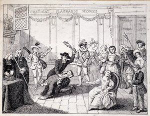 Beaumarchaisovo bičování v Saint Lazare - scéna Beaumarchaisova soudního procesu, v ruce drží brožuru Folle journee - z ap. obrazu Comedie Francaise, rytina od French School
