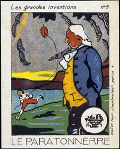 Benjamin Franklin, americký politik a fyzik (1706-1790) a hromosvod (zkušenost s drakem) - Label, Deb. 20. století od French School