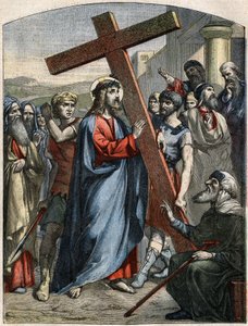 Biblická scéna – Křížová cesta: Ježíš je břemenem kříže. Rytina v „“Le Pelerin““ z 3. května od French School