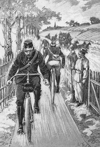 Cyklostezka pro faktory: Rychlá projektová trasa od M. Berruyera - v „Teoretické a praktické cyklistice““ de l. Baudry de saunier, rytina, Bibl. de la ville de Paris. od French School