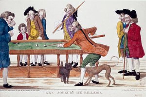 Hráči kulečníku (termidor 8. roku revolučního kalendáře) (1800). Kreslený film. Barevná rytina francouzské školy revolučního období. Paříž, Musee Carnavalet od French School