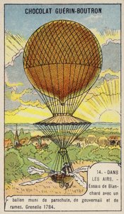 Blanchard testuje svůj balón vybavený padákem, směrovkou a vesly, Grenelle, Francie od French School