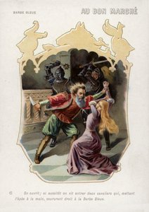 Modrovousova žena je zachráněna před smrtí rukou svého manžela příchodem svých bratrů (chromolitho) od French School