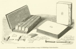 Katalogová krabice, nový systém používaný v Bibliotheque Sainte-Genevieve (rytina) od French School
