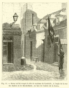 Bollard, kde byla uříznuta hlava madame de Lamballe, na rohu rue des Ballets a rue du Roi-de-Sicile, naproti vchodu do La Force od French School