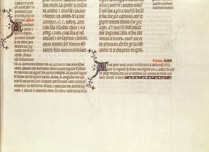 Spodní část stránky bez miniatury, z Bible Jean de Sy, kolem roku 1355