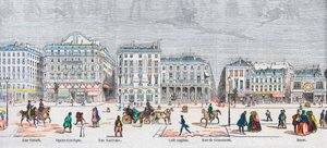 Boulevard des Italiens jižní strana - Rue Favart - Opera comique - Rue Marivaux - Anglická kavárna - Rue Grammont - Bazar - Rytina v „Tableau-de-Paris““ od Edmonda Texiera 1852 od French School