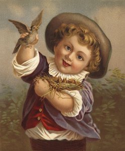 Chlapec držící ptáka a ptačí hnízdo (chromolit) od French School