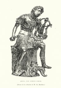 Bronzová postava starověkého řeckého básníka Ariona, od italského renesančního sochaře Andrea Riccia, konec 15. nebo začátek 16. století (rytina) od French School