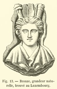 Bronz, přírodní velikost, nalezeno v Lucembursku (rytina) od French School
