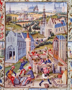 Staveniště v Saint Denis (město) pro stavbu 12 kostelů na počest 12 apotres. Miniatura převzatá z knihy "Život urozeného hraběte Gerarda de Roussillon". od French School